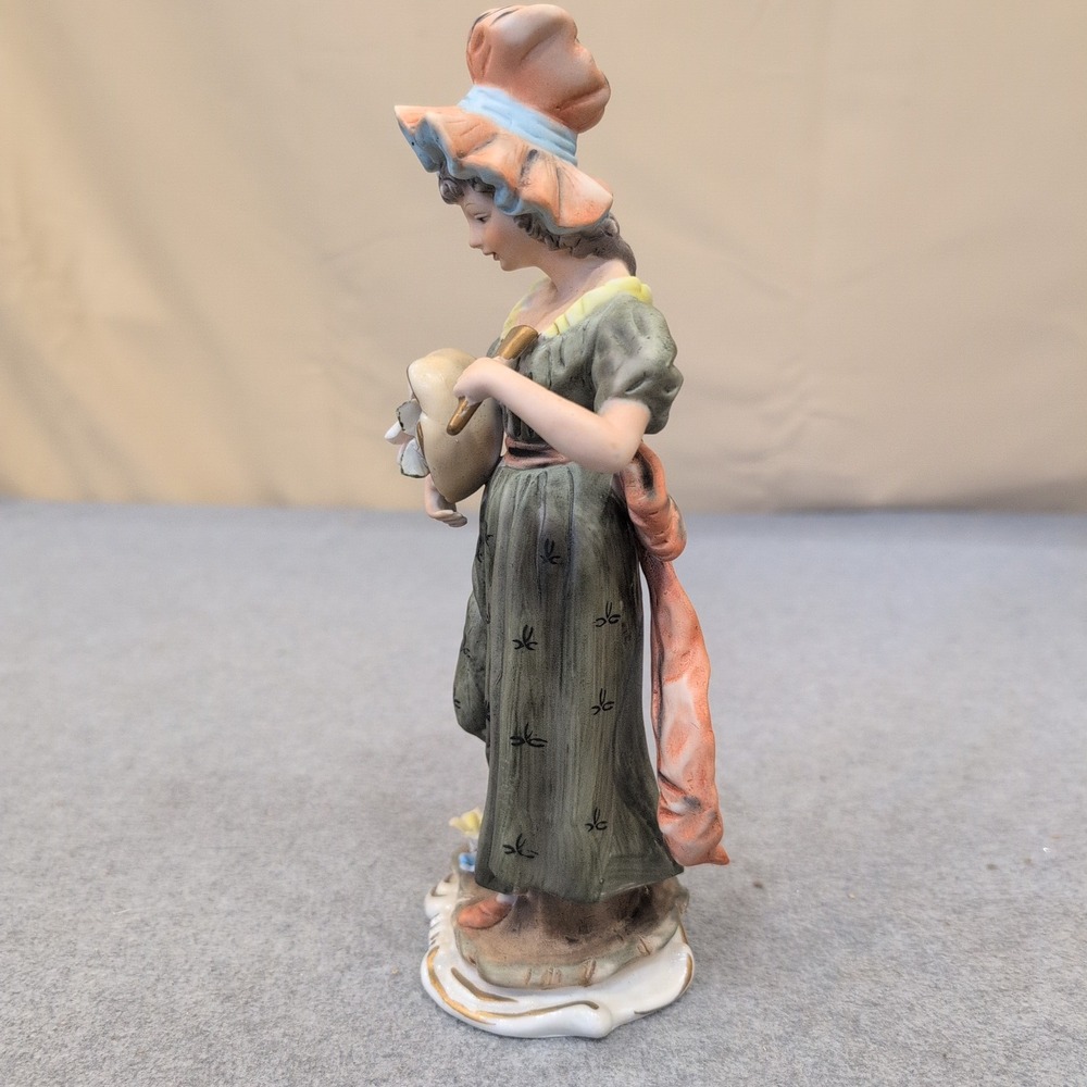 Vintage Hand Painted Porcelain Lady Figurine Green Dress Pink Flower Basket - Picture 2 of 6